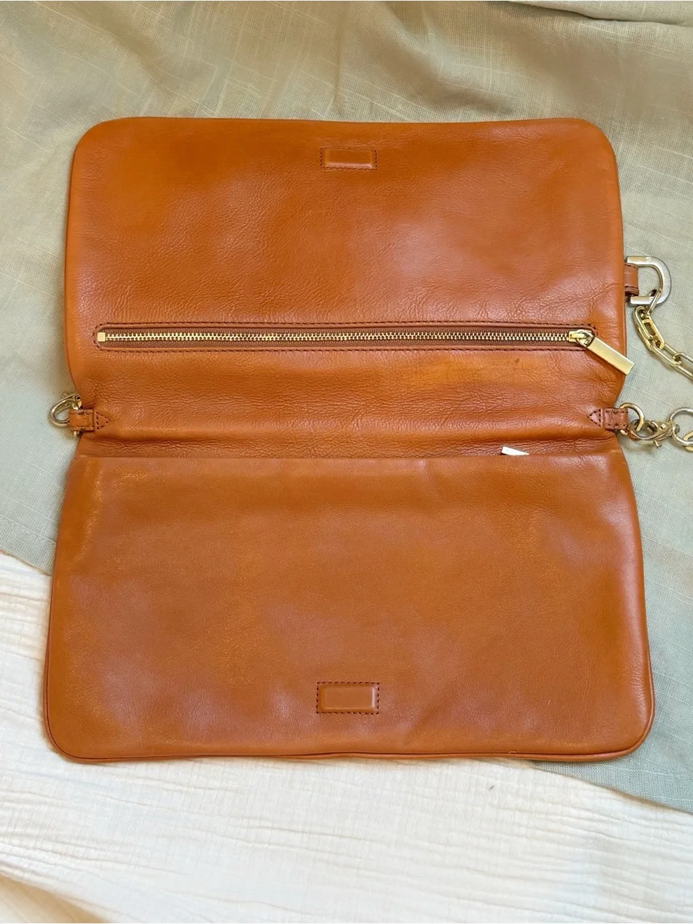 Tory Burch Cognac Leather Logo Clutch with Gold Chain
